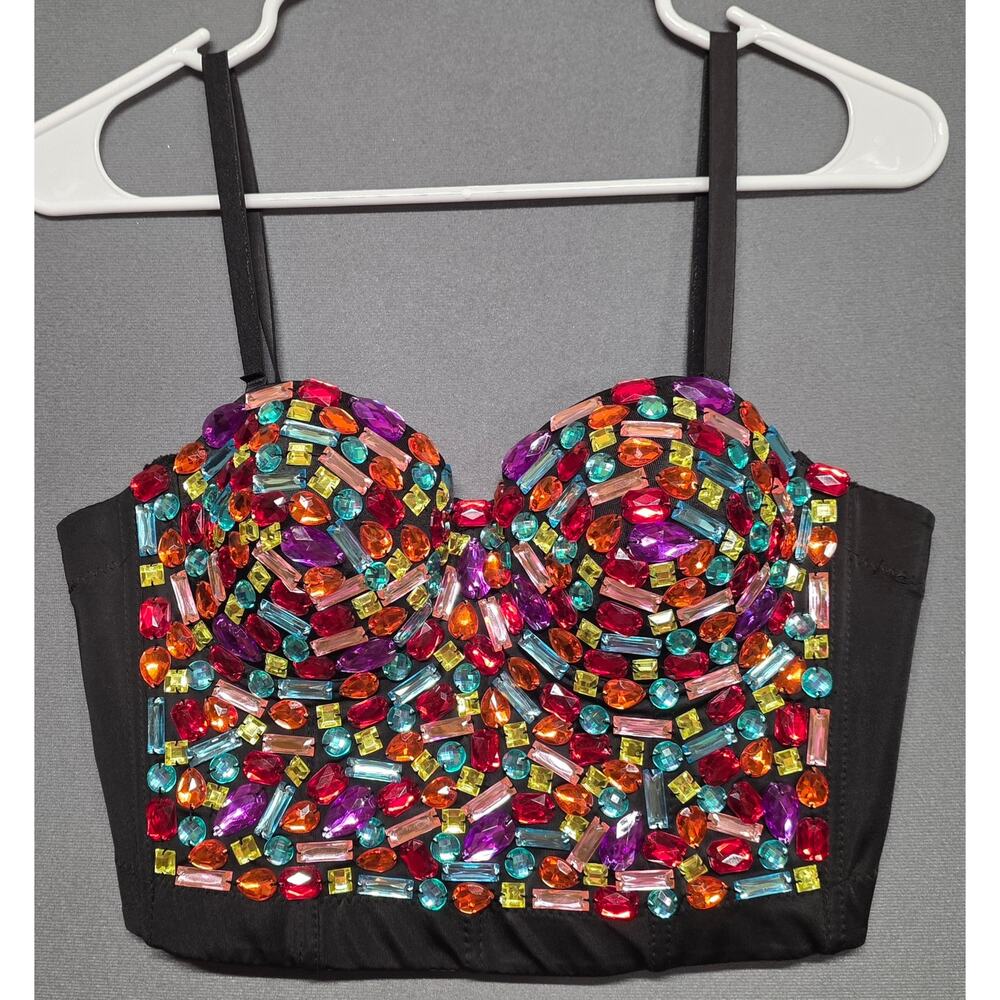 Charmian Women's Colorful Rhinestone Push Up Bra Club Party Bustier Crop Sz L